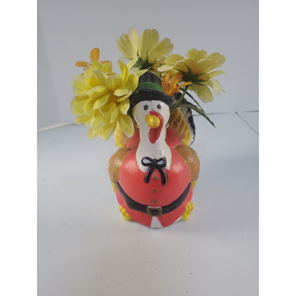 Vtg Turkey Blow Mold 1987 Main Street LTD 6” Thanksgiving Pilgrim Flowers